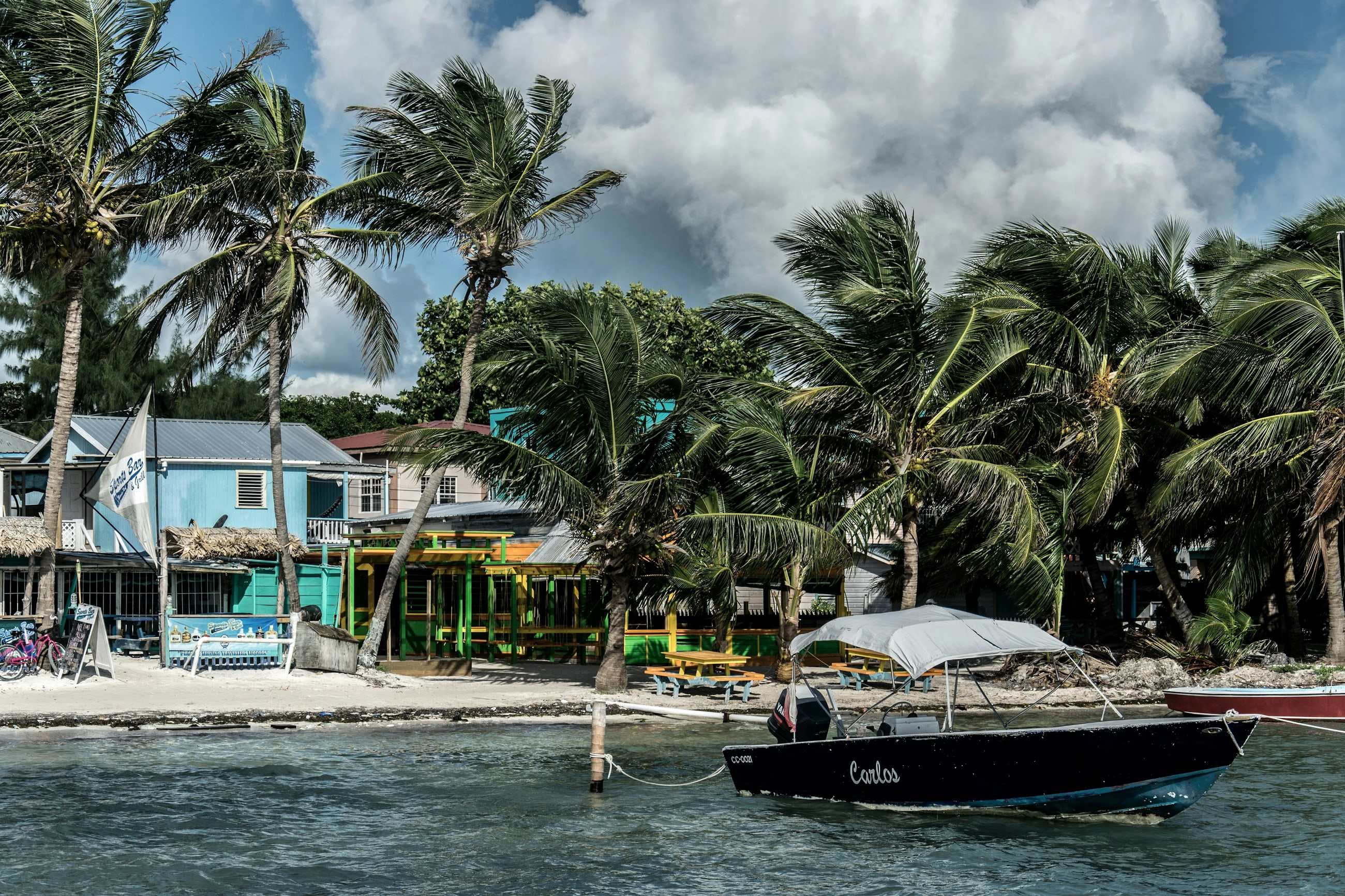 Le front de mer du bourg, maisons colorées, cocotiers et barque de pêche amarrée
